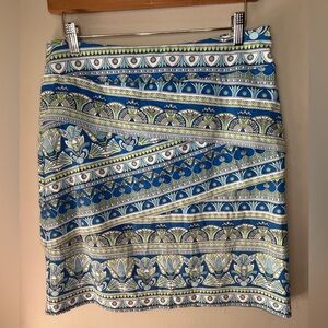 J. McLaughlin Nicola Tiered Catalina Skirt Blue & Green Geometric Print Size Med